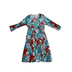 Women's Sew In Love midi mock wrap dress. red/teal. Stretchy. Small.